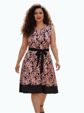 Luxe by Carmen Marc Valvo Pink Floral Fit & Flare Dress 16W